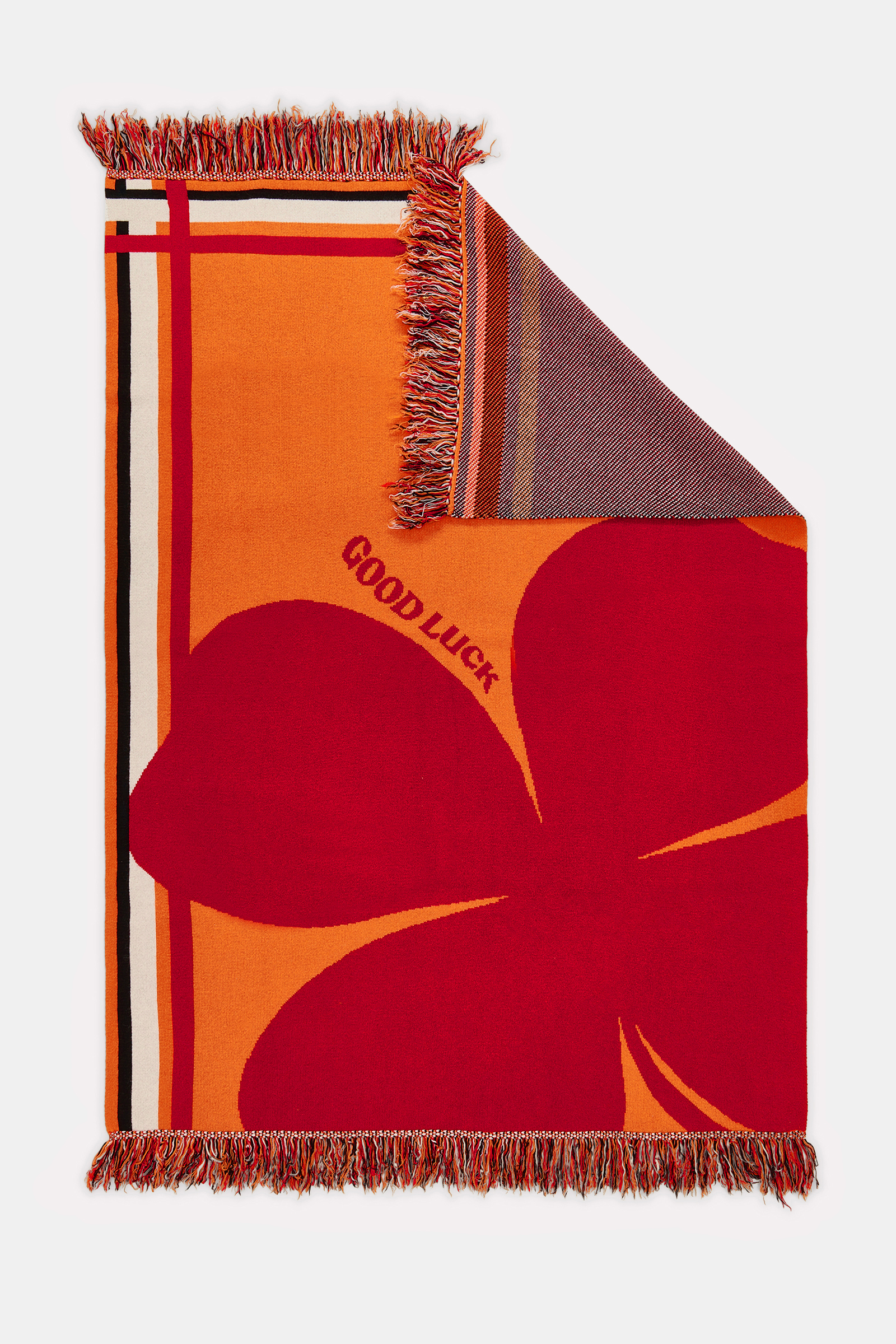 Dorothee Schumacher Wool blanket with GOOD LUCK clover motif orange verde militar mix