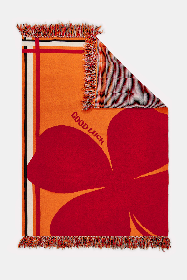 Dorothee Schumacher Wool blanket with GOOD LUCK clover motif orange verde militar mix