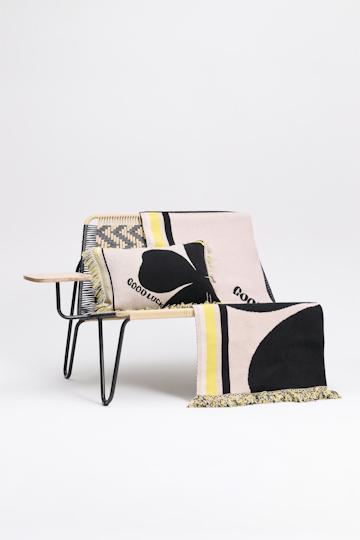 Dorothee Schumacher Wool blanket with GOOD LUCK clover motif beige/black/yellow