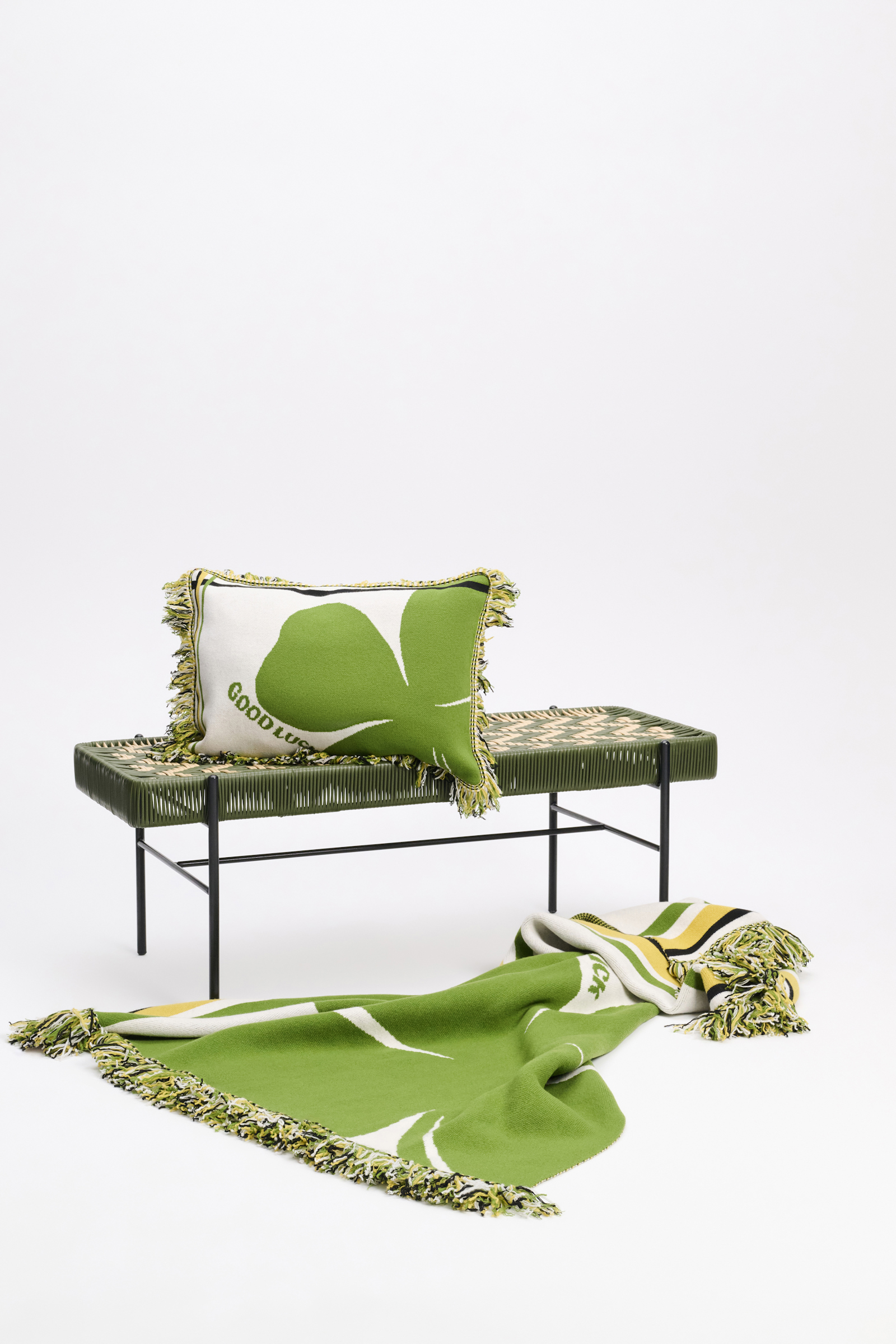 Dorothee Schumacher Wool cushion with GOOD LUCK clover motif marrocan green/white