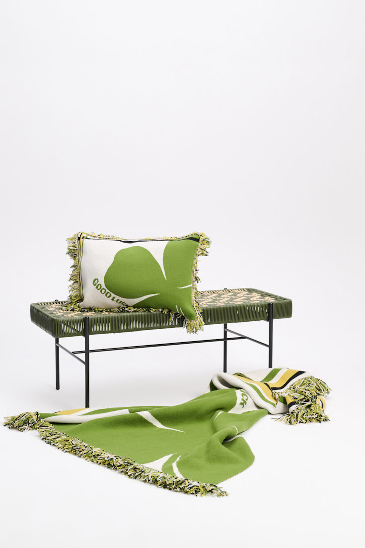 Dorothee Schumacher Wool cushion with GOOD LUCK clover motif marrocan green/white