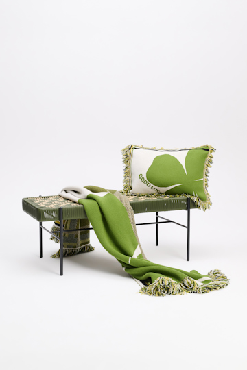 Dorothee Schumacher Wool cushion with GOOD LUCK clover motif marrocan green/white