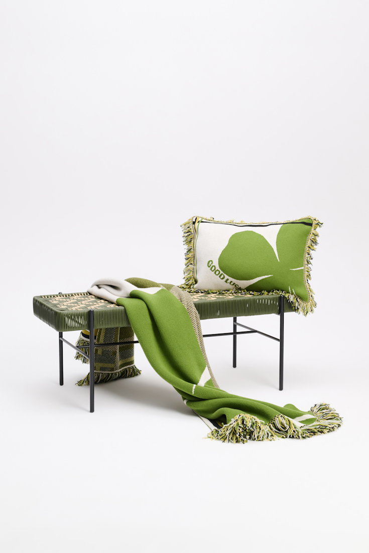 Dorothee Schumacher Wool cushion with GOOD LUCK clover motif marrocan green/white