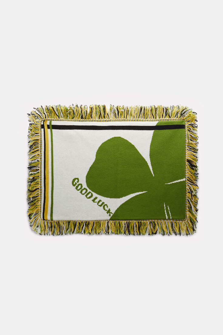 Dorothee Schumacher Wool cushion with GOOD LUCK clover motif marrocan green/white