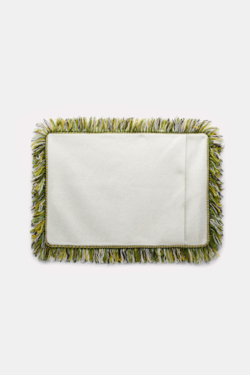 Dorothee Schumacher Wool cushion with GOOD LUCK clover motif marrocan green/white