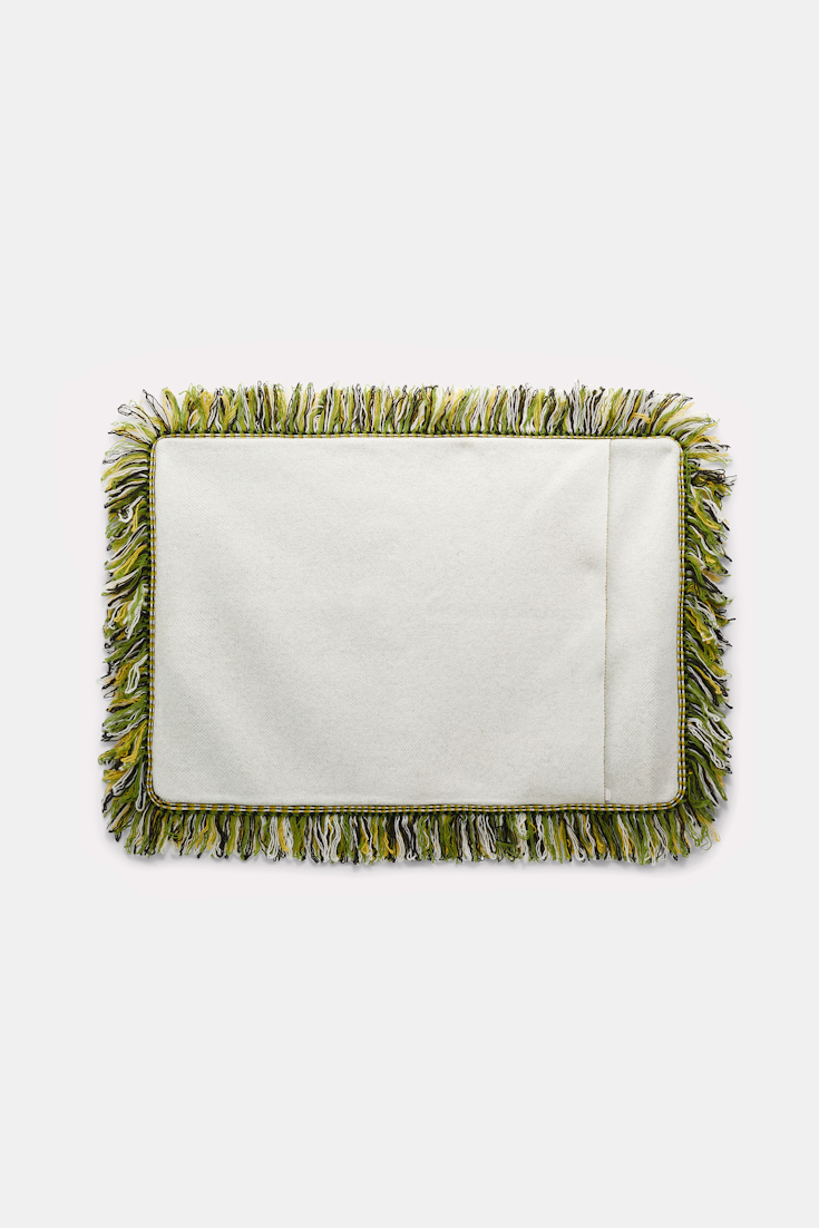 Dorothee Schumacher Wool cushion with GOOD LUCK clover motif marrocan green/white