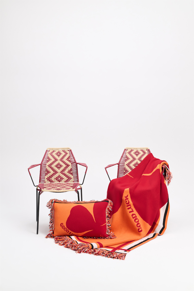 Dorothee Schumacher Wool cushion with GOOD LUCK clover motif mix orange/verde/militar