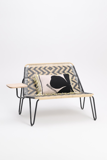 Dorothee Schumacher Wool cushion with GOOD LUCK clover motif beige/black/yellow