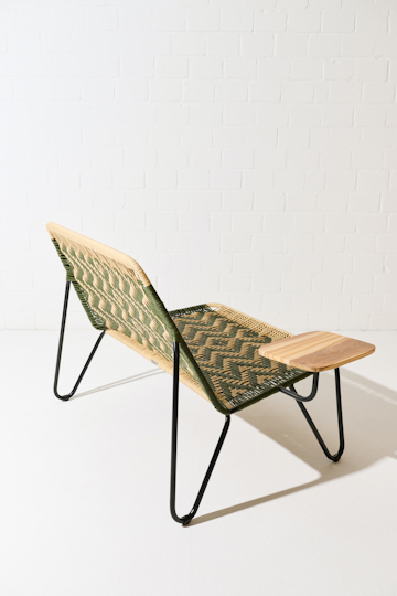 Dorothee Schumacher Handwoven love seat with wooden side table verde militar beige mix