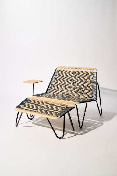 Dorothee Schumacher Handwoven love seat with wooden side table black beige mix