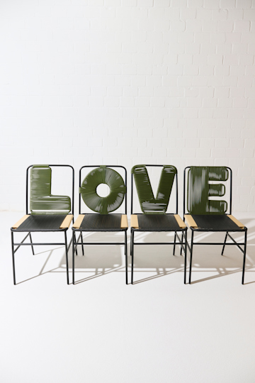 Dorothee Schumacher Set consisting of four handwoven chairs verde militar beige black mix