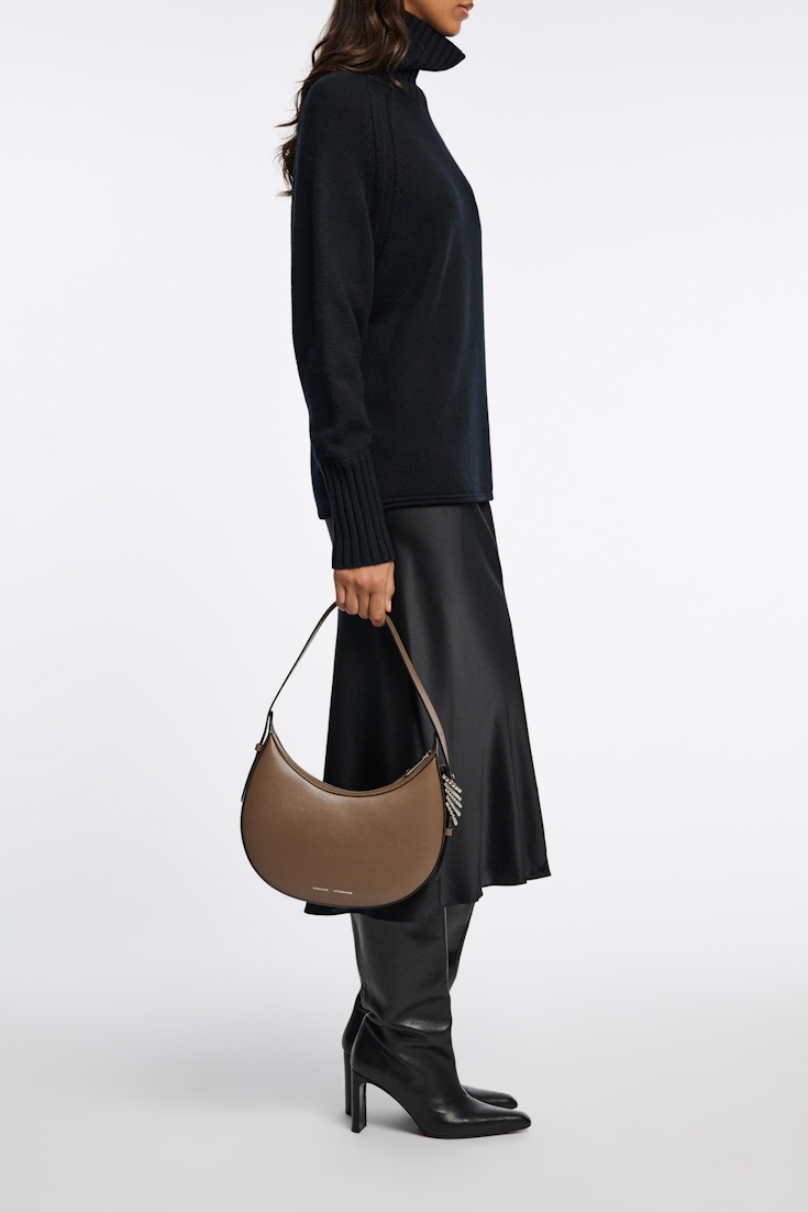 Dorothee Schumacher Half Moon Bag in soft calf leather with D-ring hardware taupe