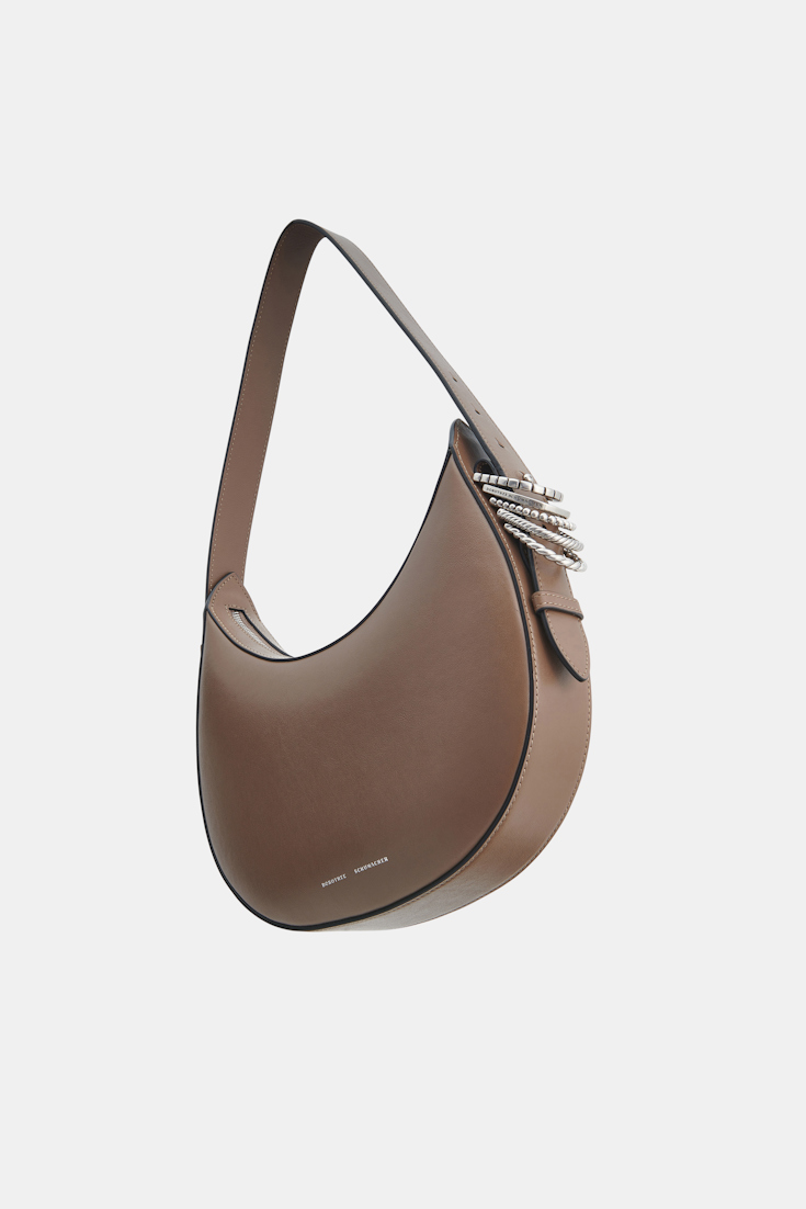 Dorothee Schumacher Half Moon Bag in soft calf leather with D-ring hardware taupe
