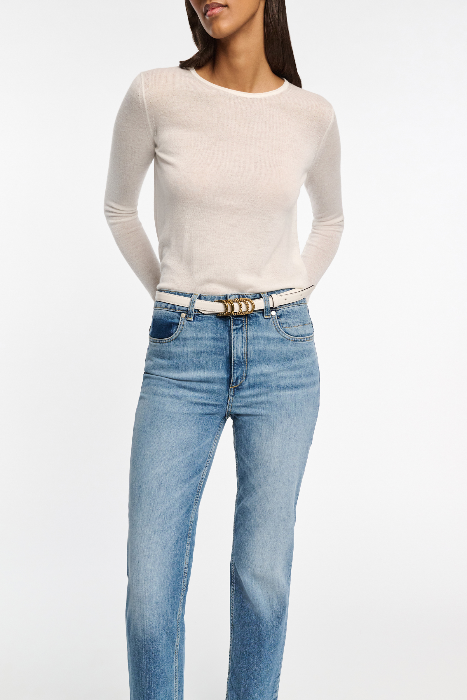 Dorothee Schumacher Soft calf leather narrow belt with D-ring hardware off white