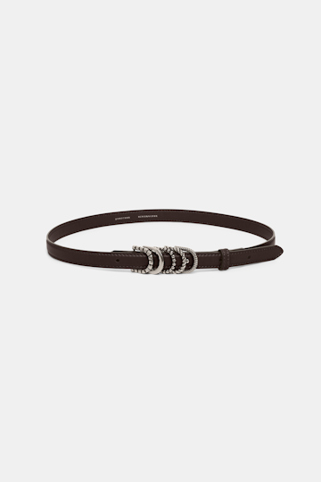 Dorothee Schumacher Schmaler Gürtel aus weichem Kalbsleder mit D-Rings dark brown/silver