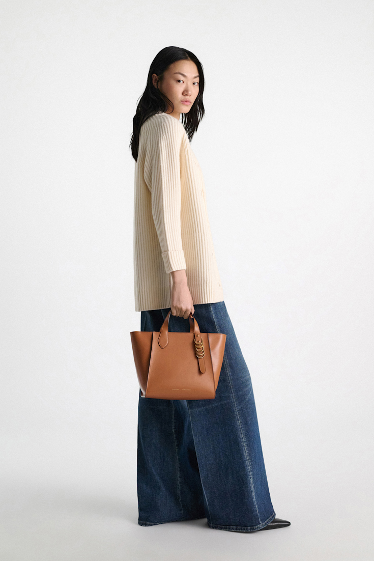 Dorothee Schumacher Crossbody Tote Bag in soft calf leather with D-ring hardware tan