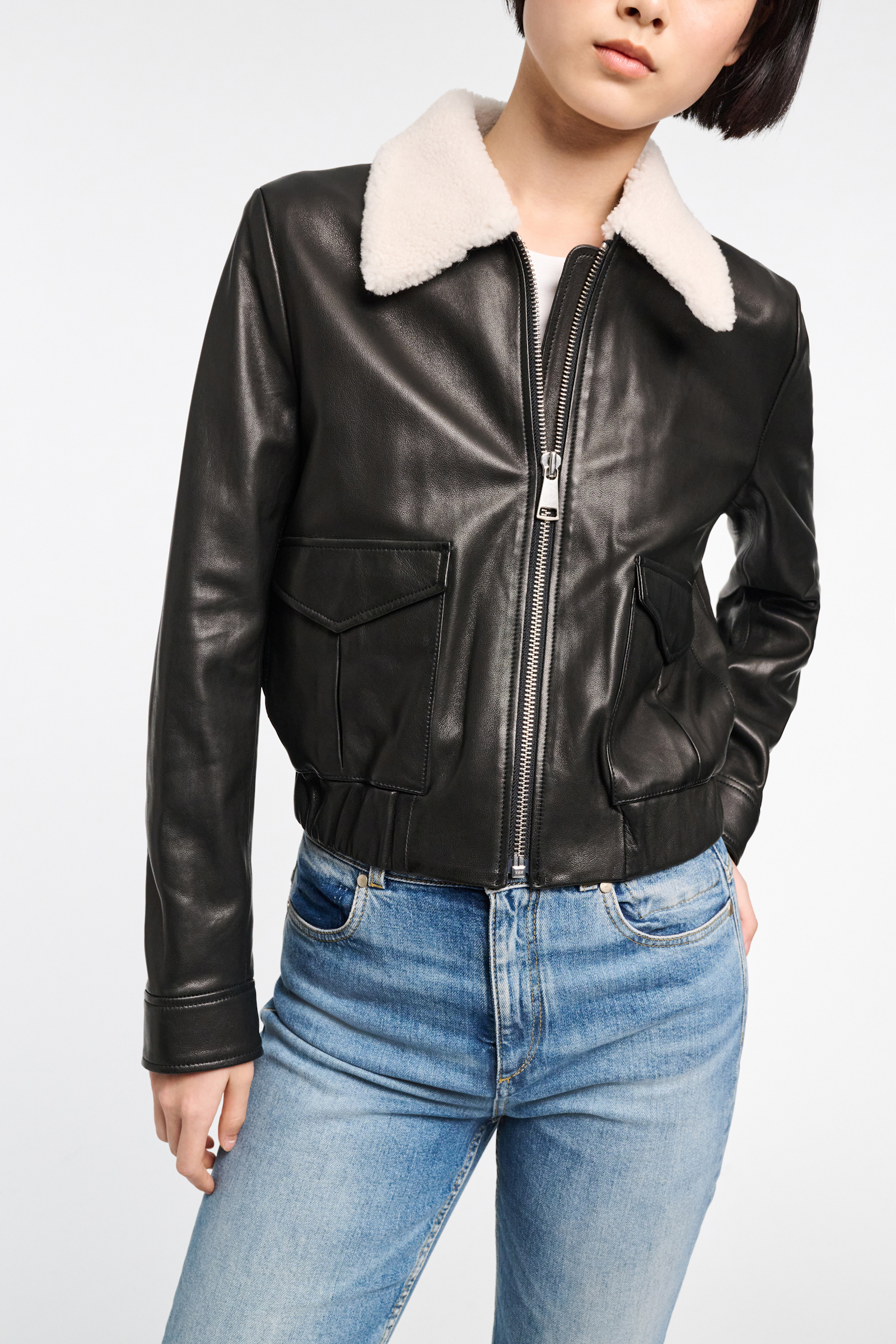 Dorothee Schumacher LEDERJACKE MIT SHEARLING KRAGEN pure black