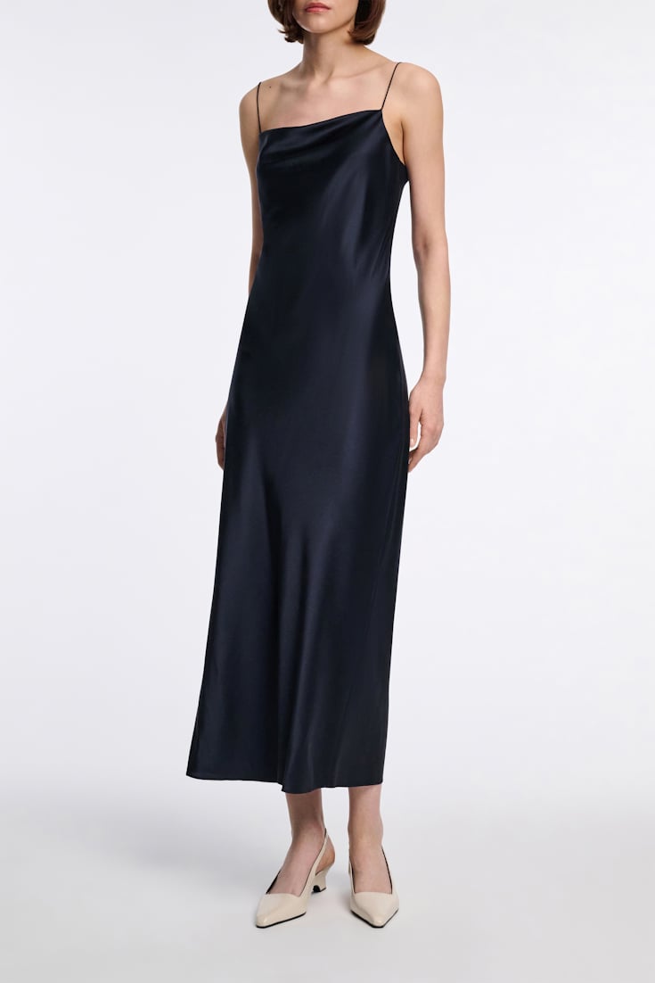 Dorothee Schumacher Kleid aus Satin mit Wasserfallausschnitt dark navy