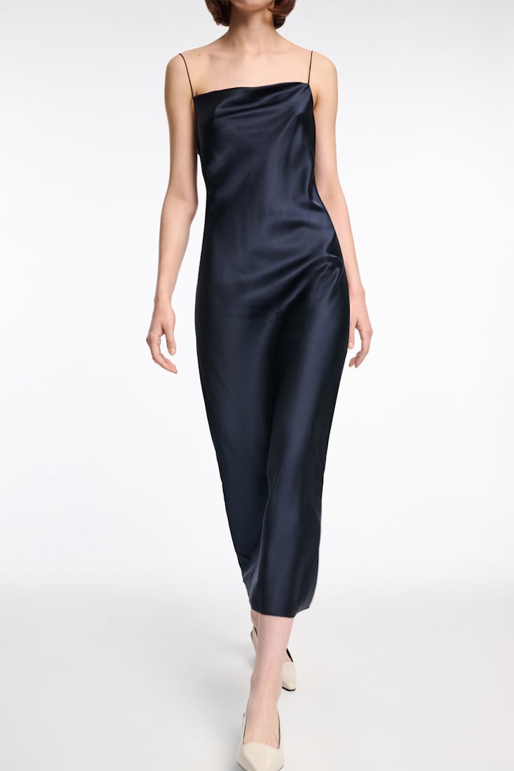Dorothee Schumacher Kleid aus Satin mit Wasserfallausschnitt dark navy